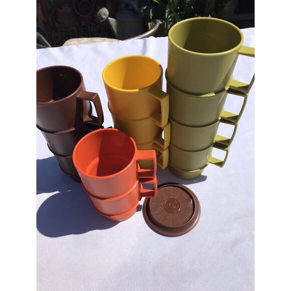 VTG Tupperware 1312 Stacking Coffee Cups Harvest MCM Orange Green Gold Brown Set - Picture 5 of 16